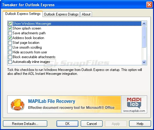 Tweaker for Outlook Express Captură de ecran 1