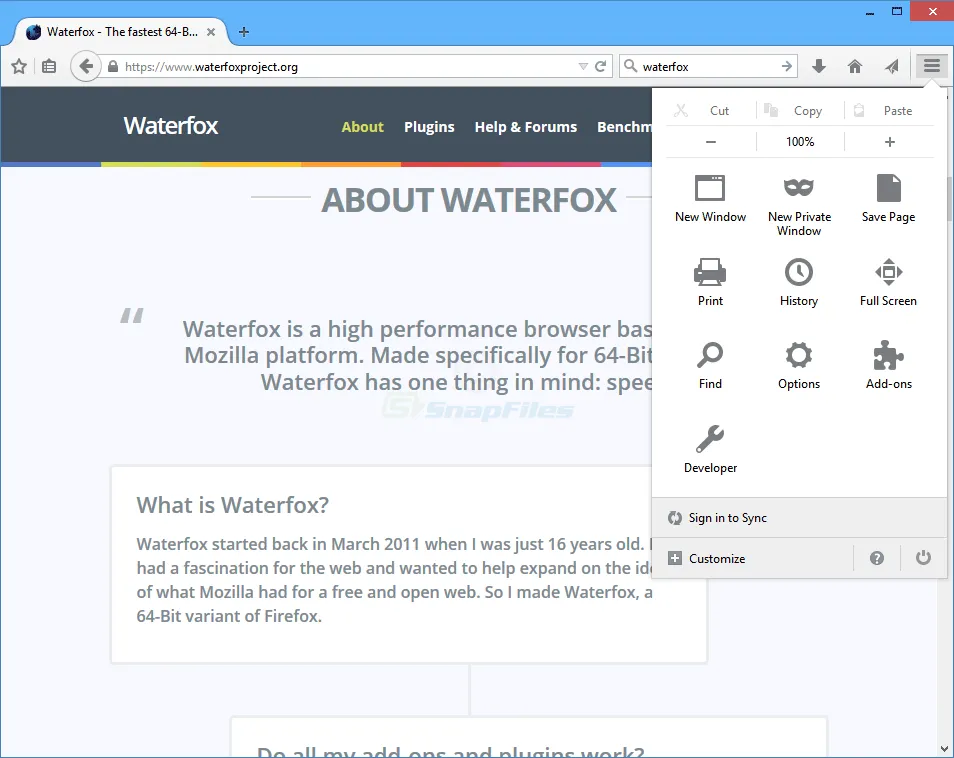 Waterfox Captură de ecran 2