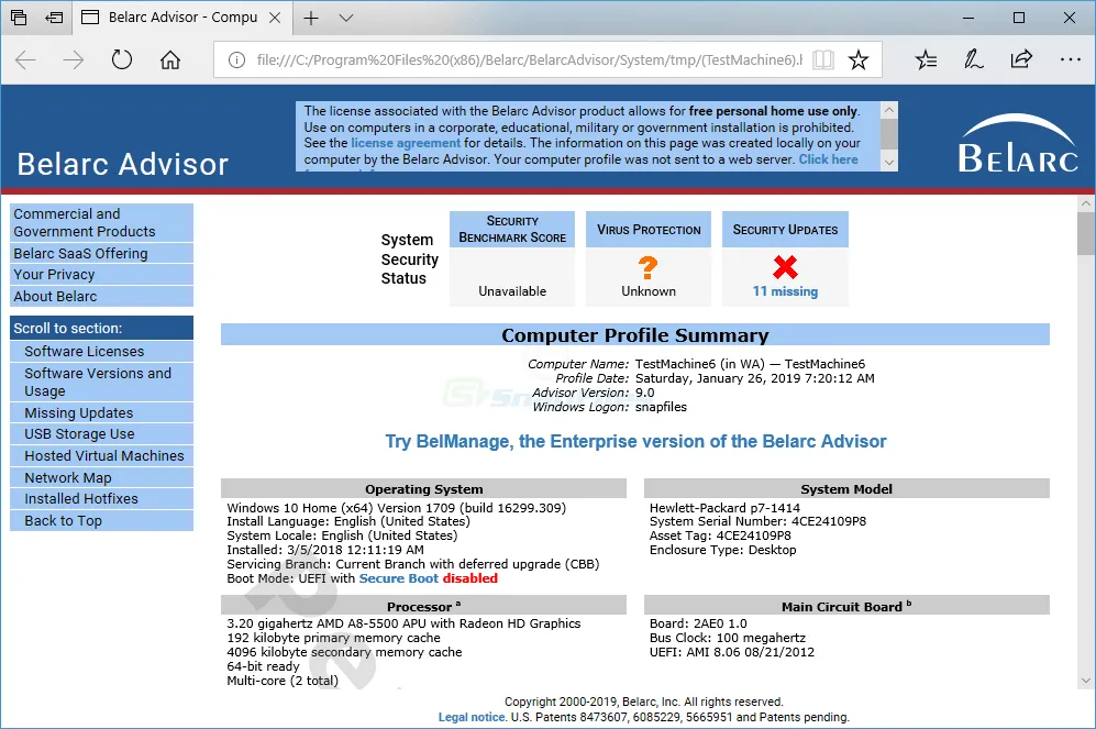 Belarc Advisor Captură de ecran 1
