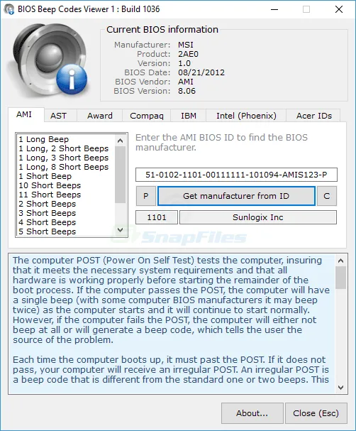 BIOS Beepcodes Viewer Captură de ecran 1