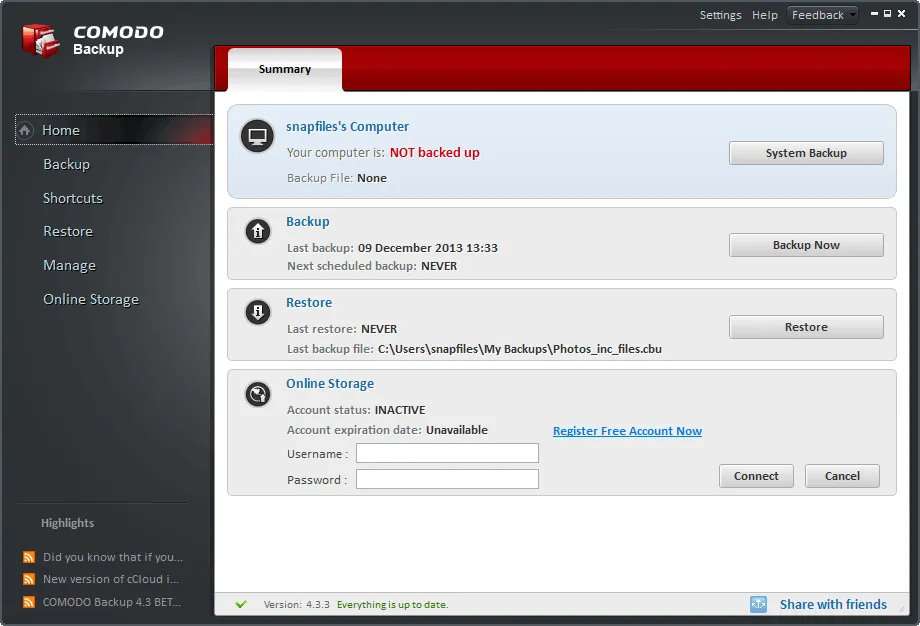 Comodo Backup Captură de ecran 1