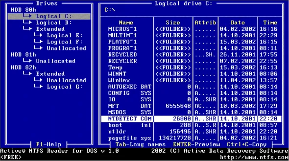 Active NTFS Reader for DOS Captură de ecran 1