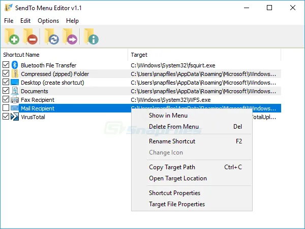 SendTo Menu Editor Captură de ecran 1