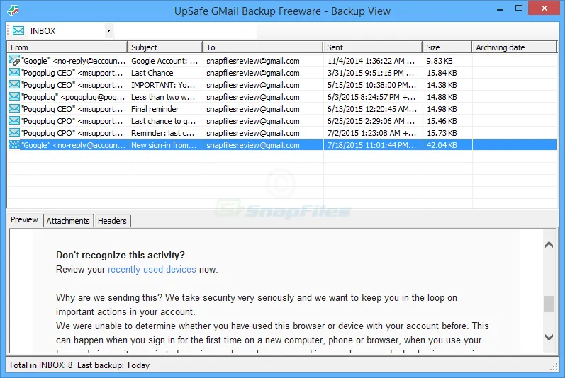 UpSafe Gmail Backup Captură de ecran 2